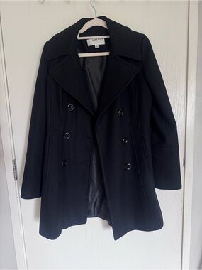 Anne Klein Black Double-Breasted Pea Coat with Wide Notch Collar
